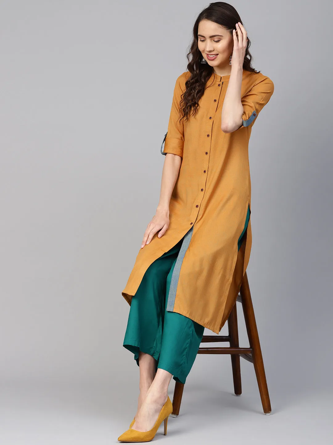 Jashvi Women Mustard Woven Design Straight Rayon Kurta