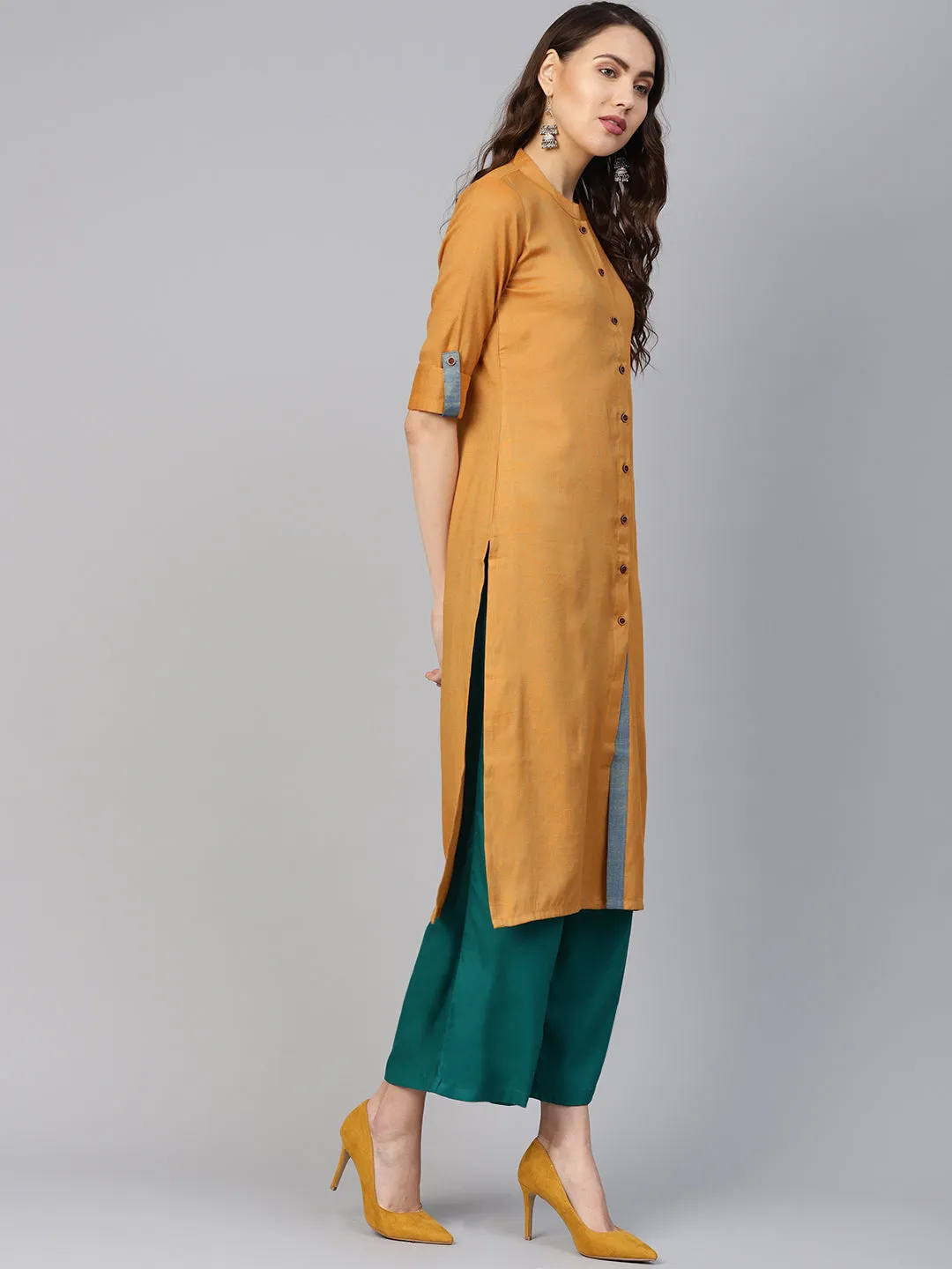 Jashvi Women Mustard Woven Design Straight Rayon Kurta