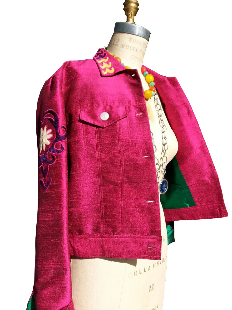 Jean Jacket Vintage Suzani Embroidery Raspberry Emerald