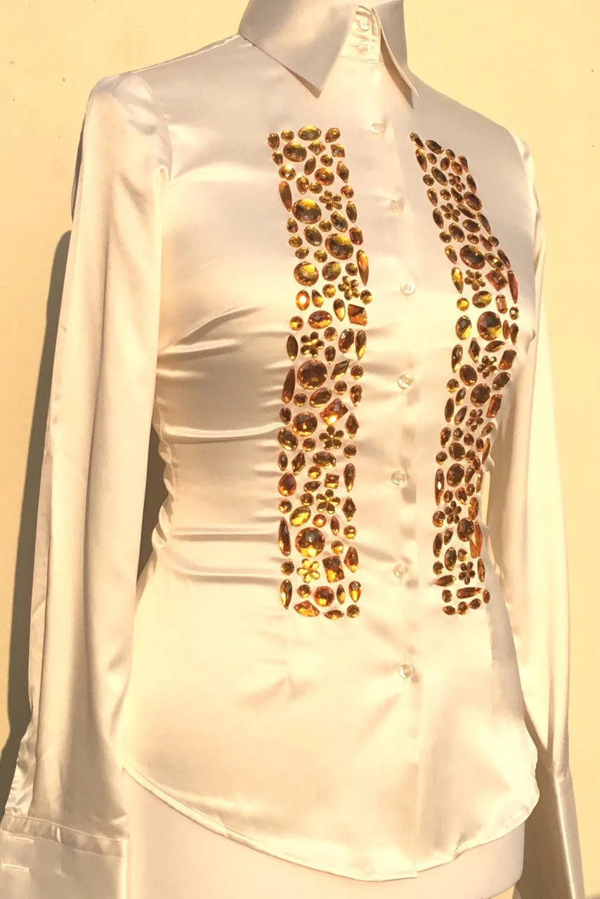 JEWELLERED CREAM SATIN SHIRT - DOUBLE CUFF