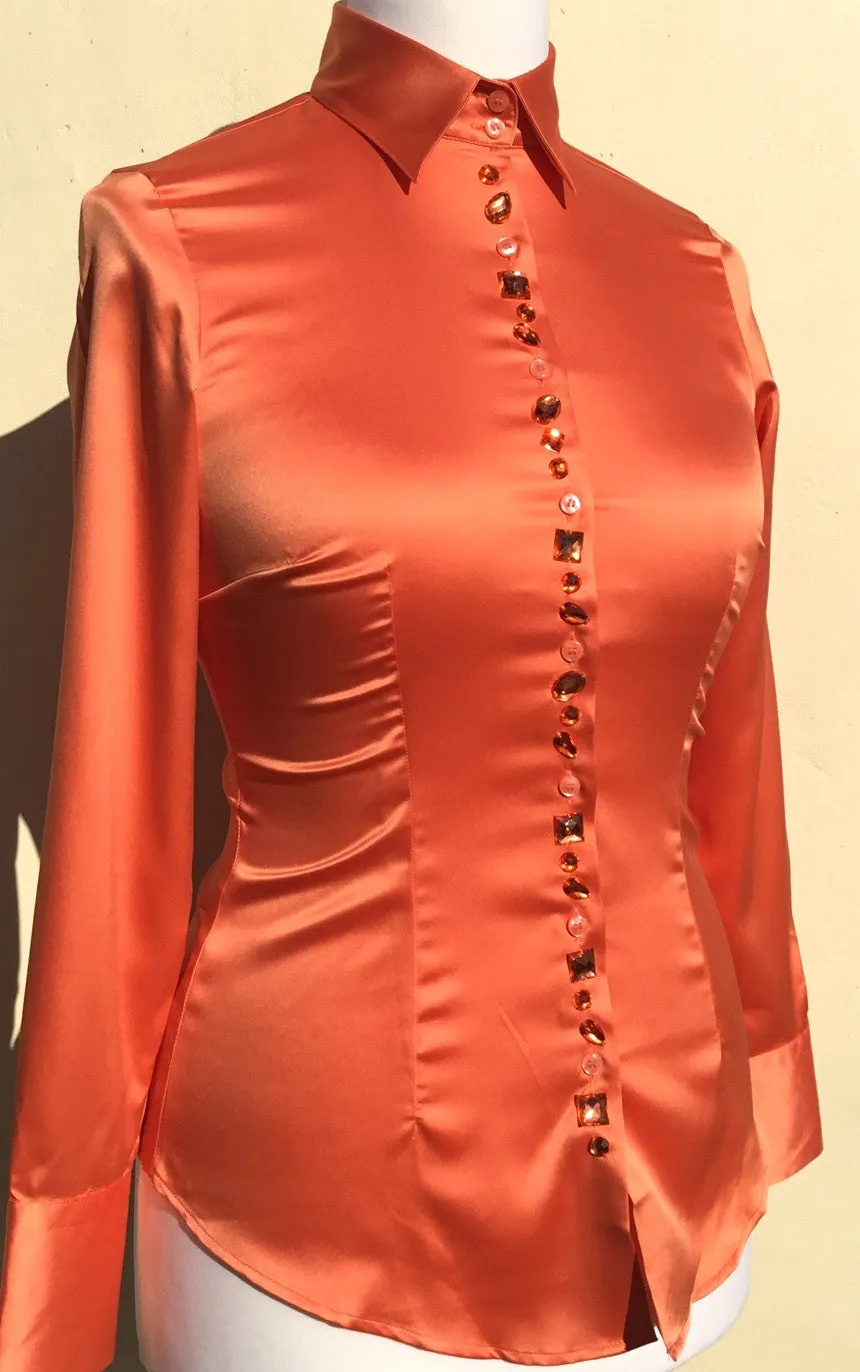 JEWELLERED ORANGE SATIN SHIRT - SINGLE CUFF