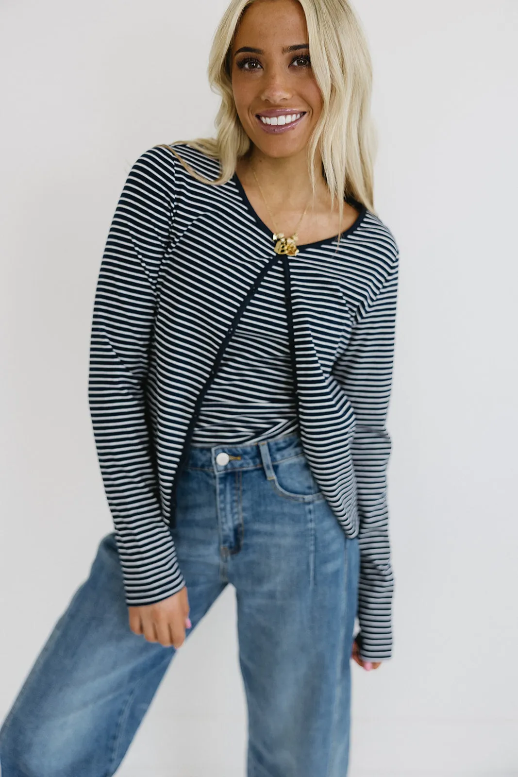 Jillian Stripe Cardigan Set - Navy/Ivory