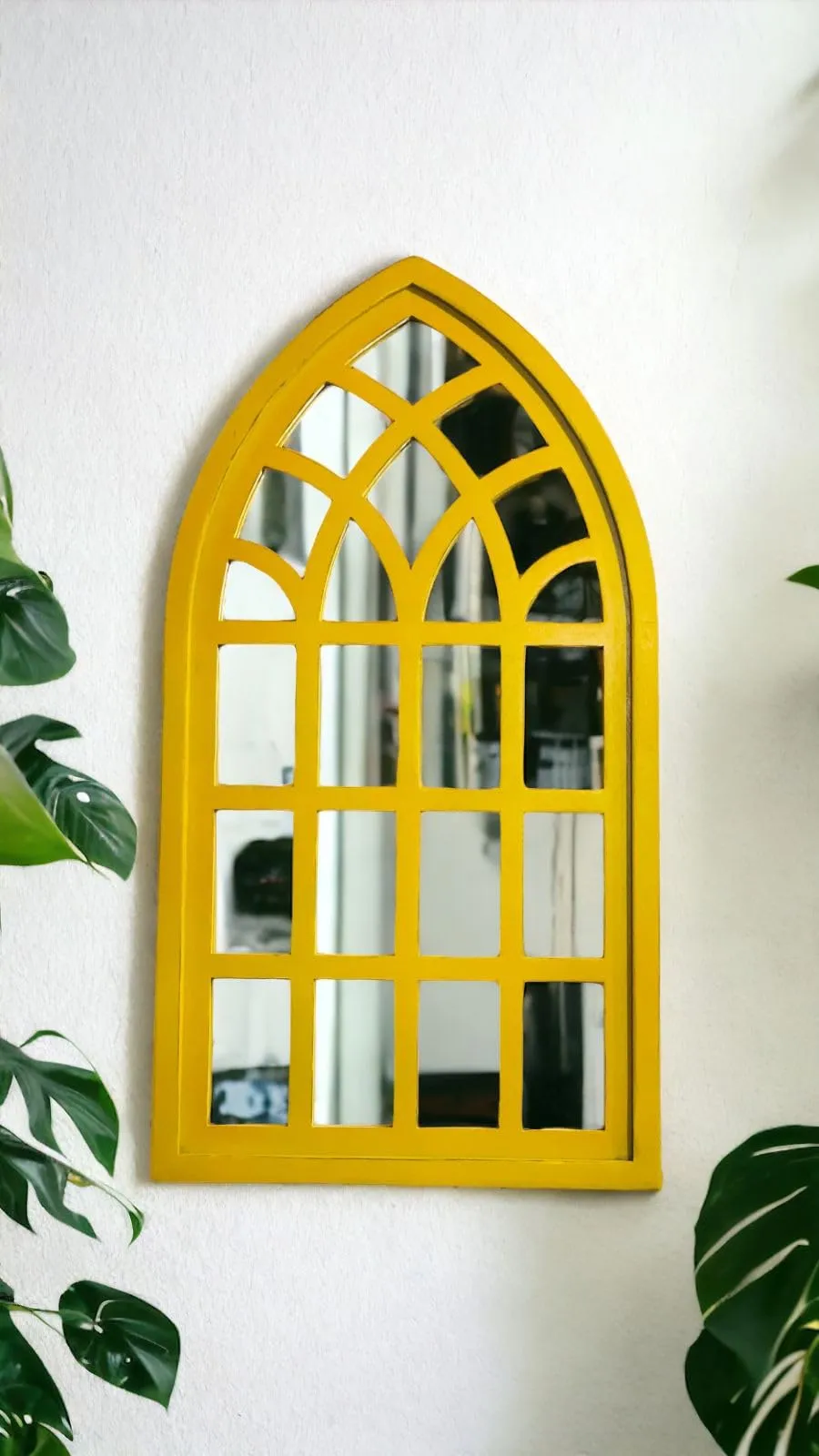 J.L.HOME DECOR Rustic Style Handmade Classic Arched Mirror Decorative Wall Mirror Frame for Living Room (76x50cm) Yellow