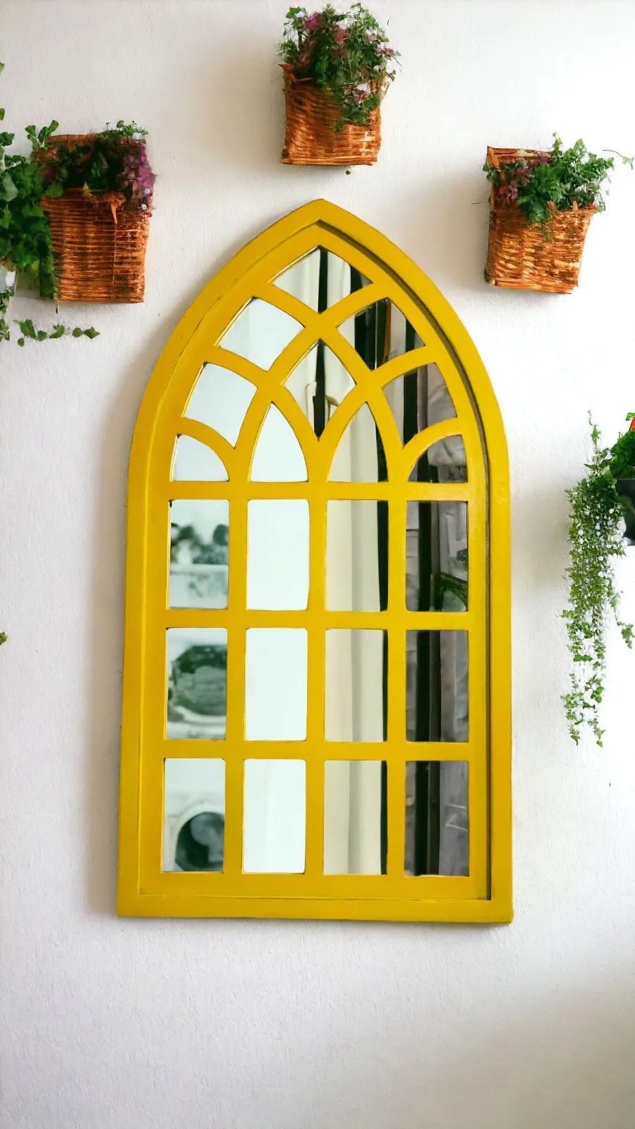 J.L.HOME DECOR Rustic Style Handmade Classic Arched Mirror Decorative Wall Mirror Frame for Living Room (76x50cm) Yellow