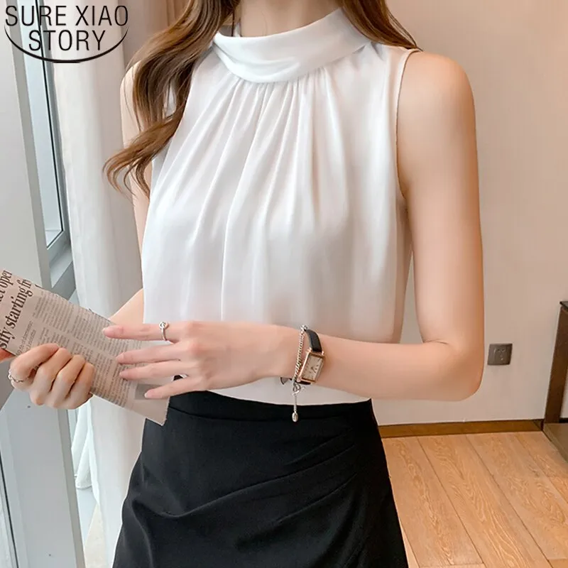 Joskaa Christmas Gift Office Lady Fashion Sleeveless Chiffon Shirt Halter Blouse Women Summer 2024 White Turtleneck Back Bow Tie Blusas Tops 15215