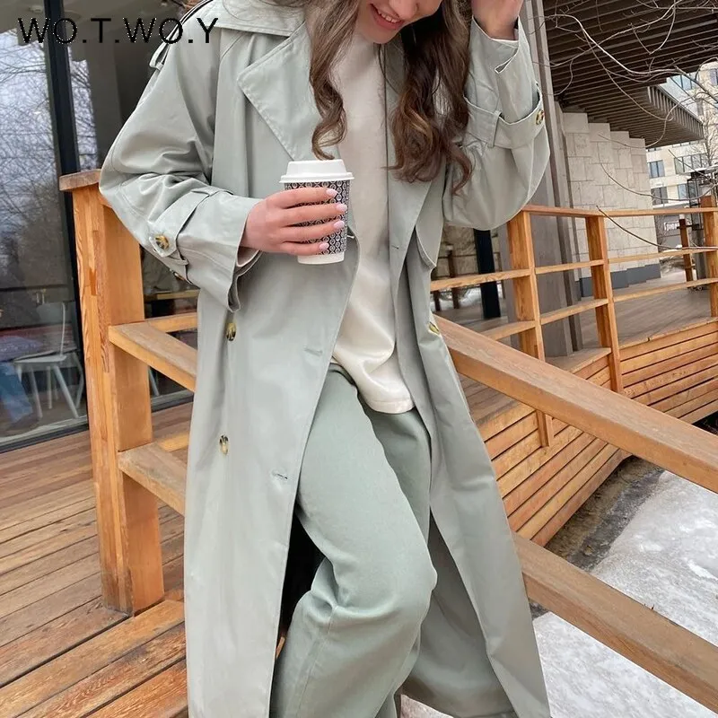 Joskaa Christmas Gift WOTWOY Casual Solid Belted Double Breasted Trench Coat Women Autumn Winter Long Jackets Female Loose Overcoat Windbreakers 2024