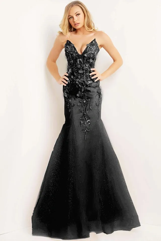 Jovani - 05839: Floral Embellished Evening Gown with Sheer Bodice