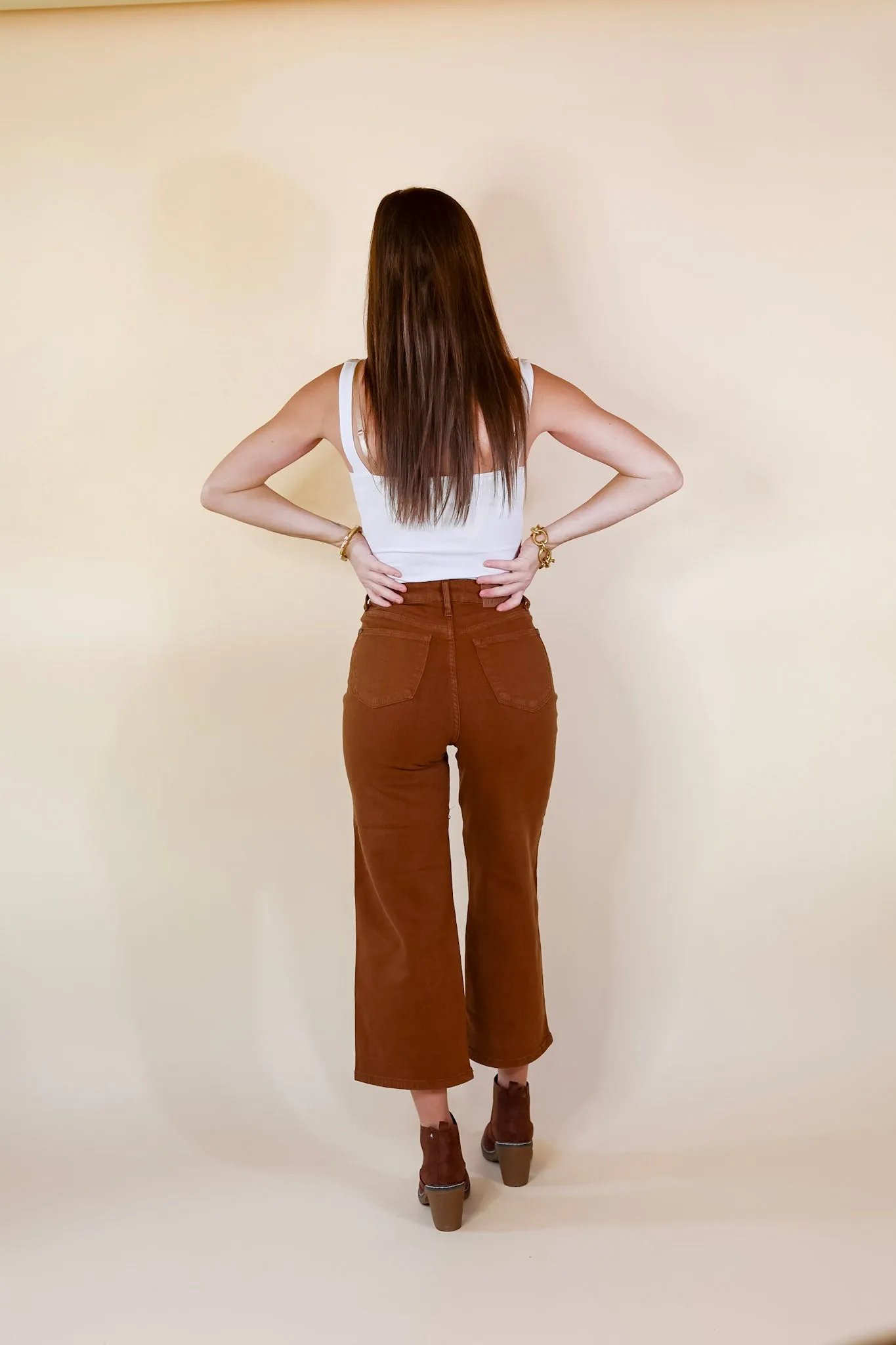 Judy Blue | Sign Me Up Tummy Control Cropped Wide Leg Jeans in Camel Brown (Lots of Sizes)