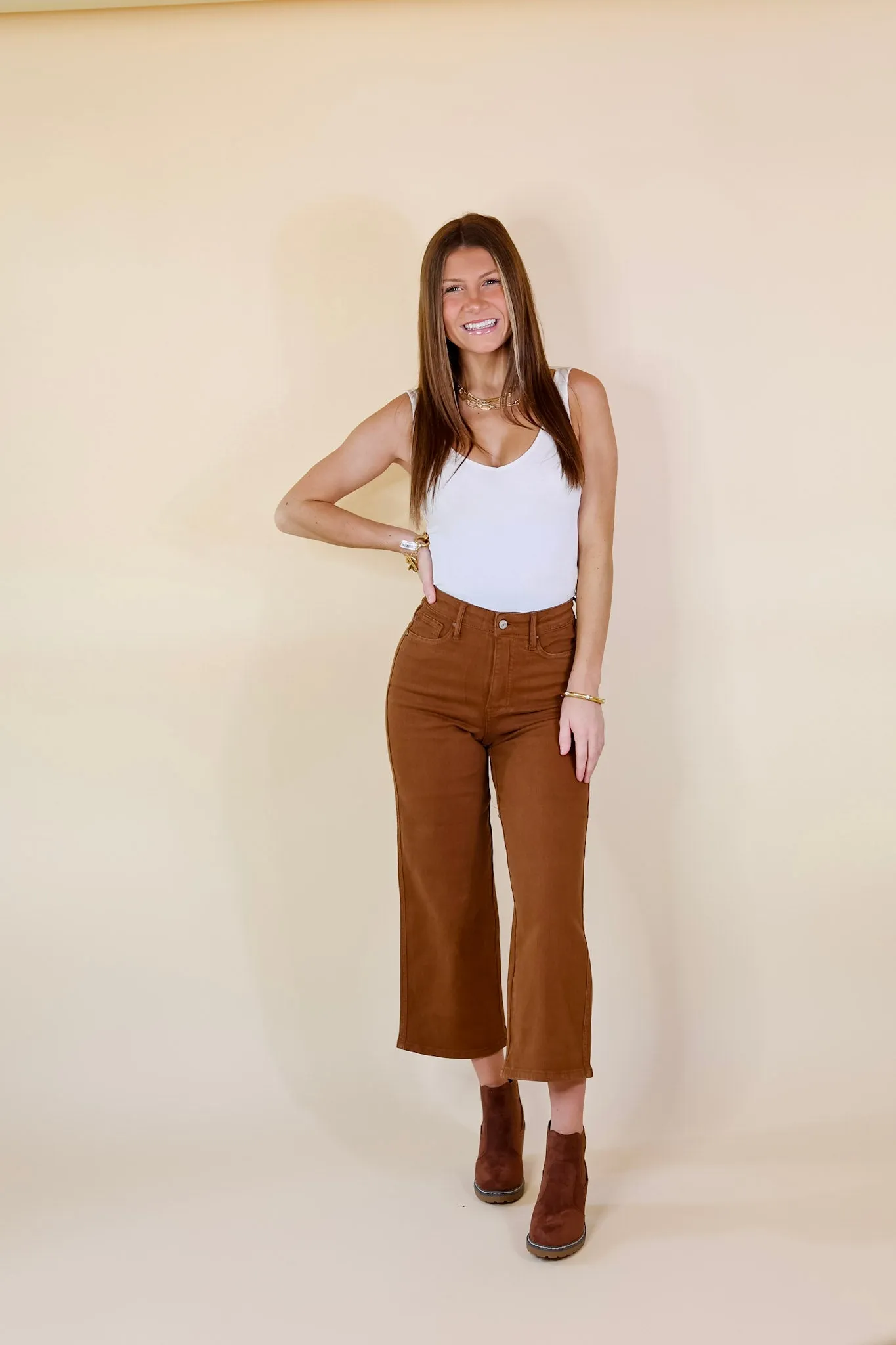 Judy Blue | Sign Me Up Tummy Control Cropped Wide Leg Jeans in Camel Brown (Lots of Sizes)