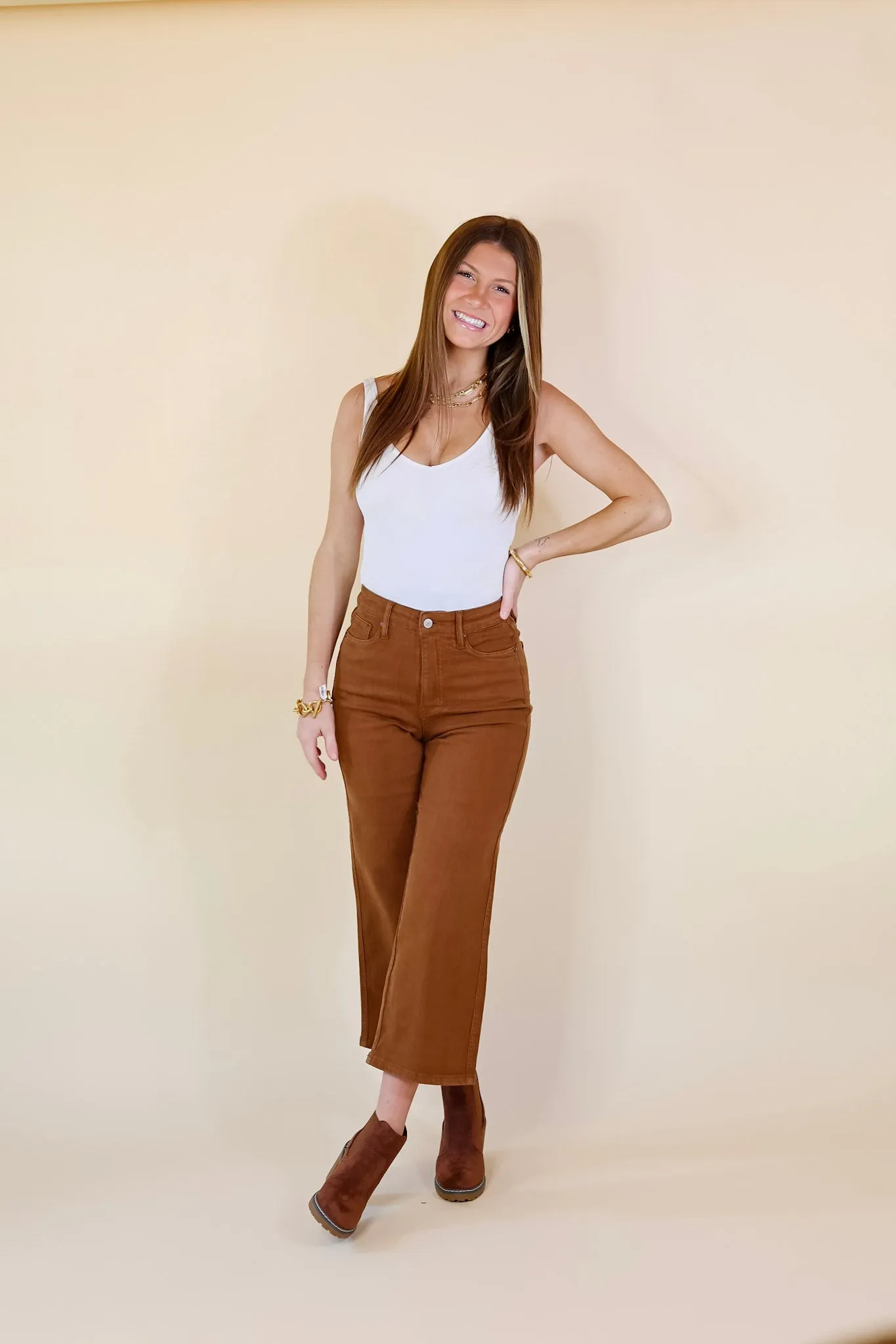 Judy Blue | Sign Me Up Tummy Control Cropped Wide Leg Jeans in Camel Brown (Lots of Sizes)