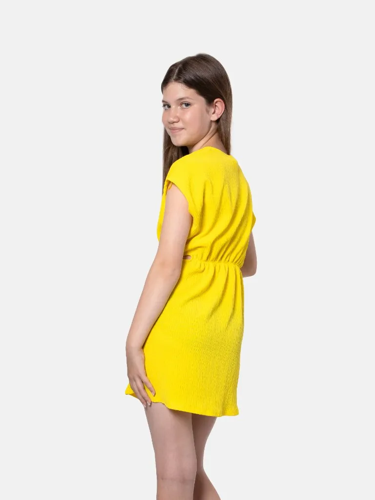 Junior Girl Lou Crinkled Summer Dresses with Playful Cut-Outs-Yellow