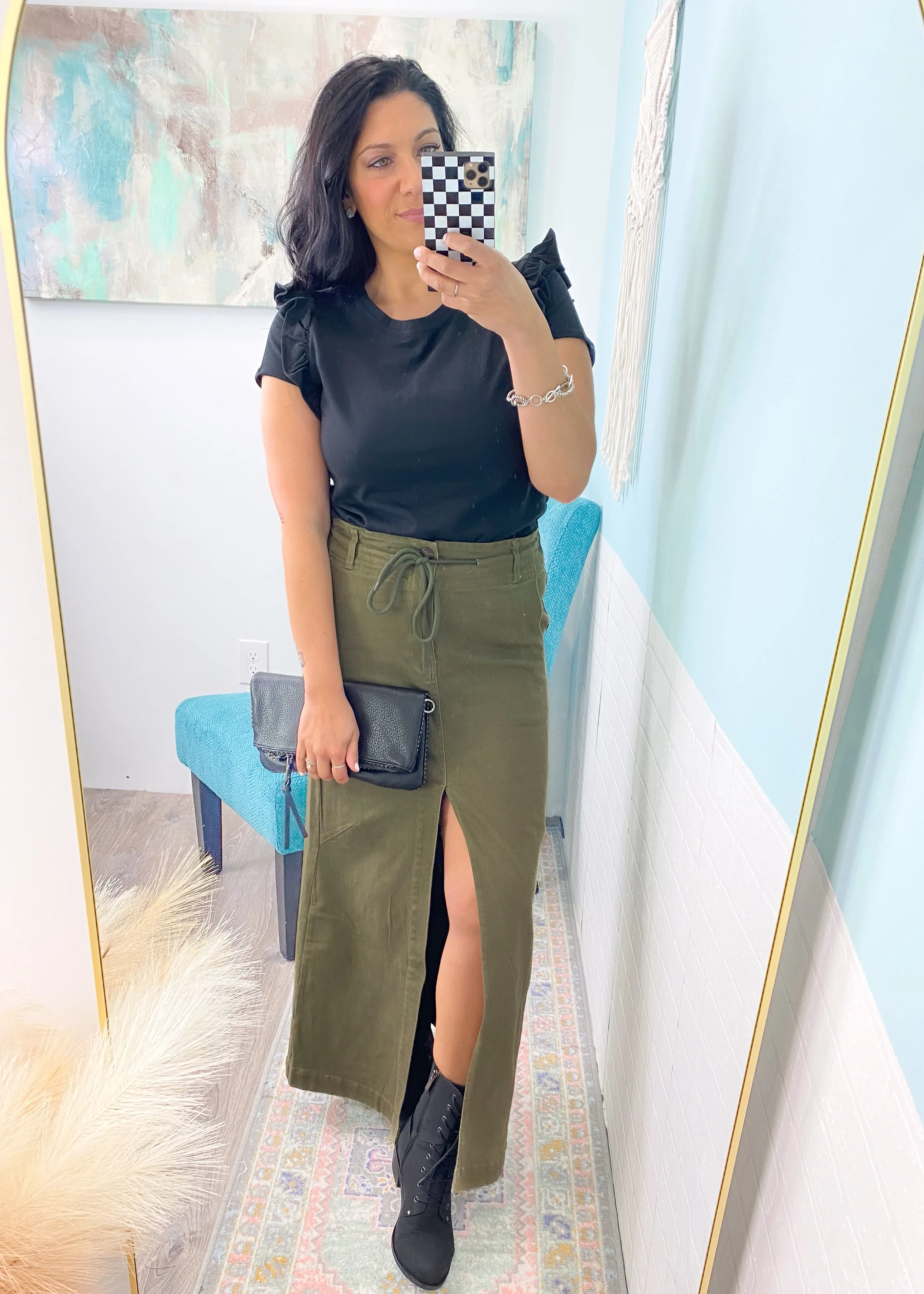 'Just Right' Olive Deep Green Stretch Denim Midi Skirt