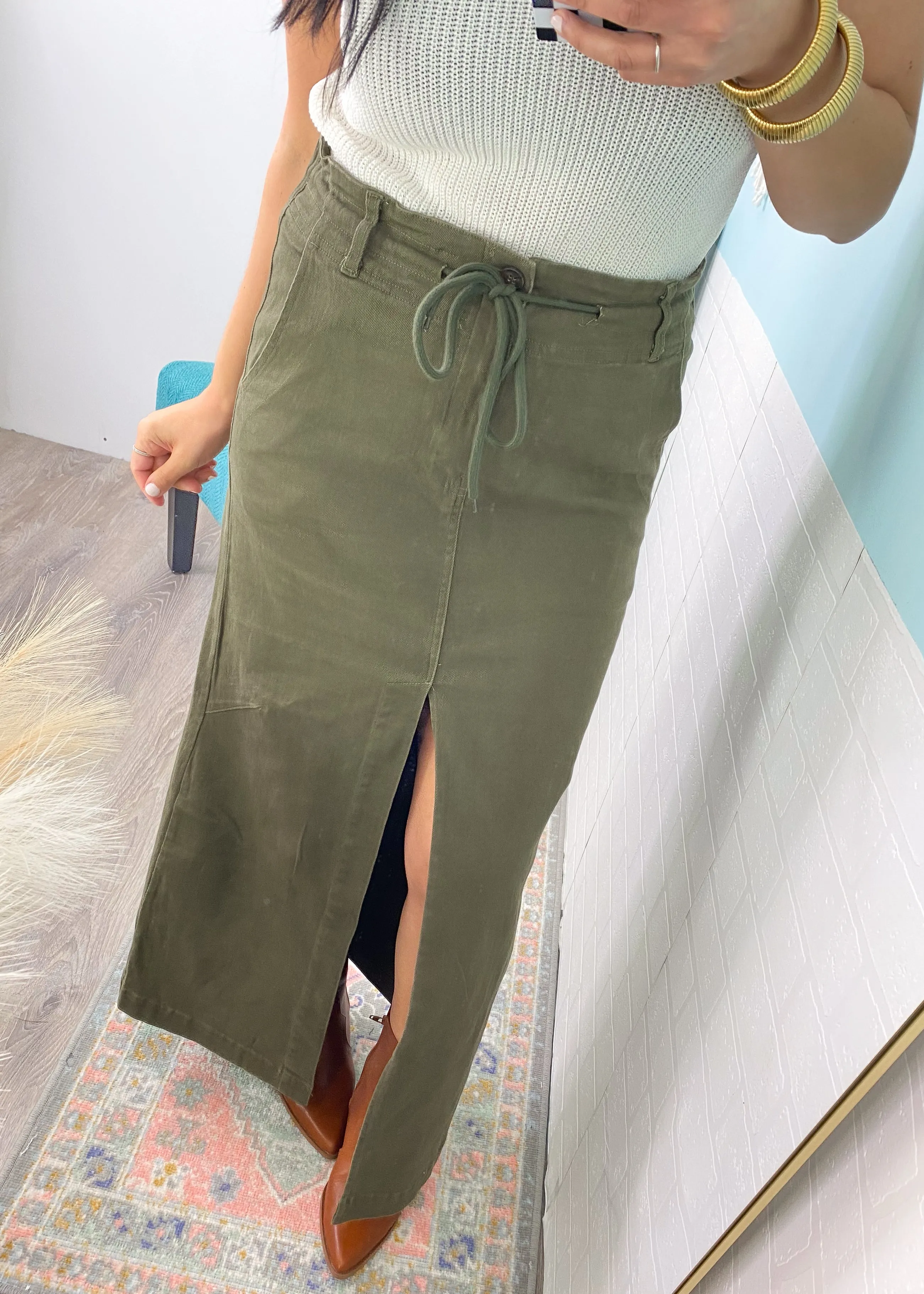 'Just Right' Olive Deep Green Stretch Denim Midi Skirt