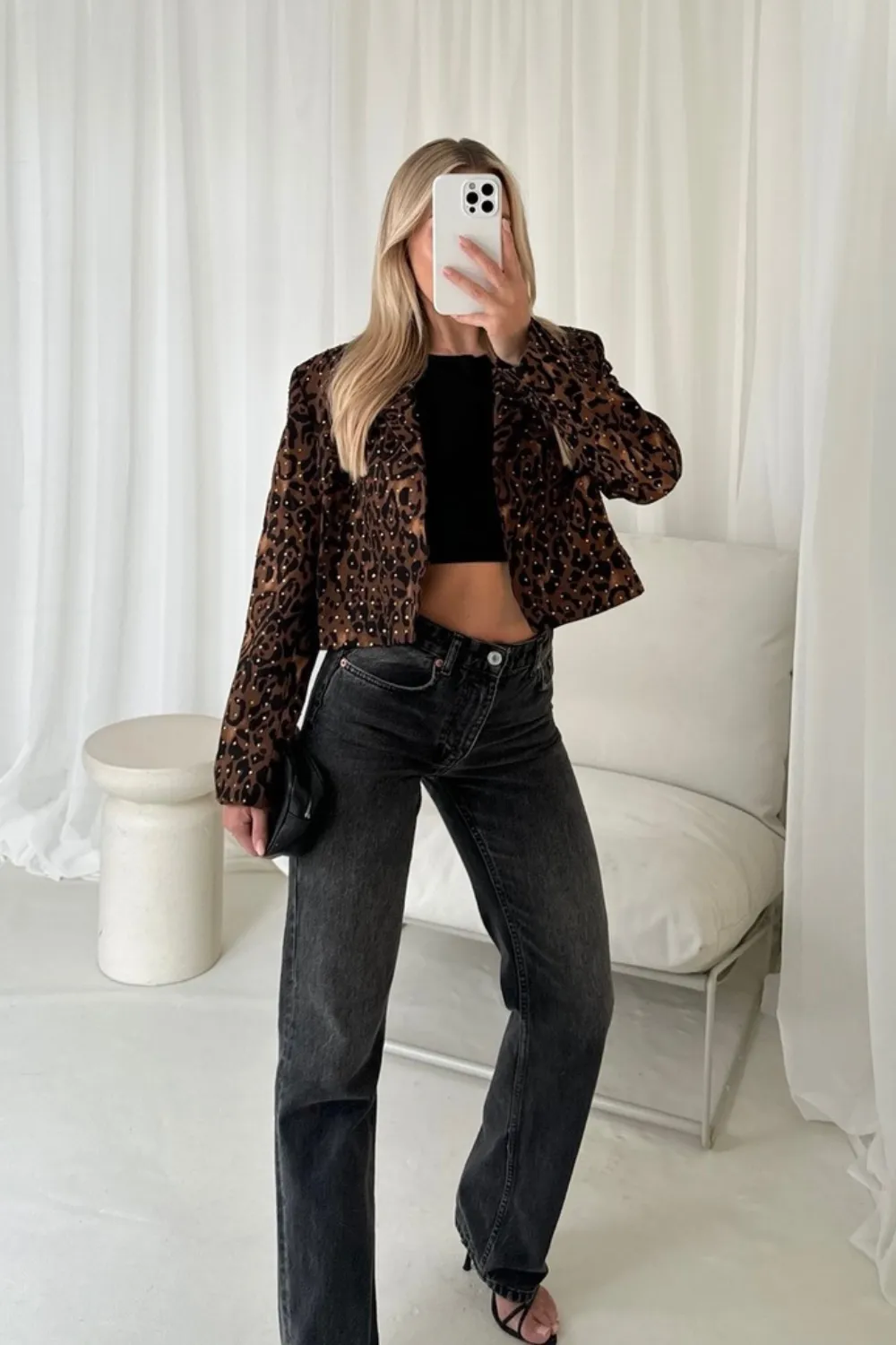 Kahlani leopard diamante cropped blazer