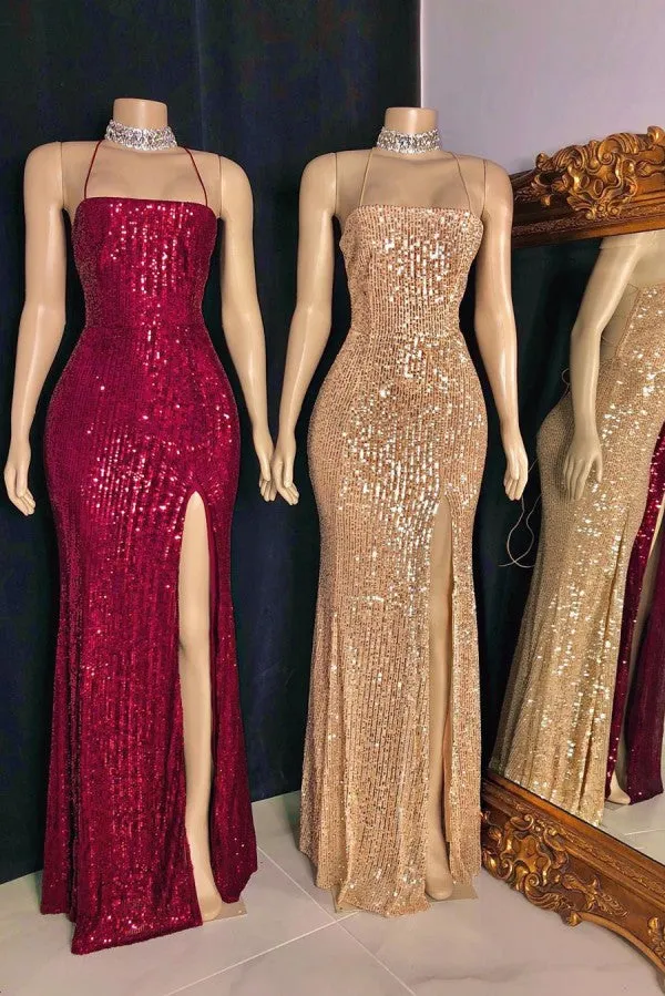 kamahe Spaghetti-straps Criss-cross Long Slit Sequins Mermaid Prom Dresses