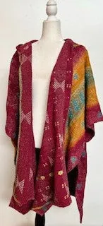 Kantha Knee Length Poncho Coats (Wine and Bronze)