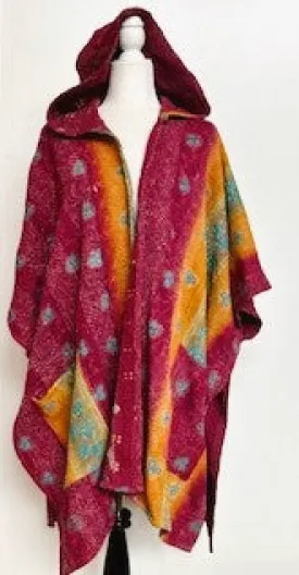 Kantha Knee Length Poncho Coats (Wine and Bronze)