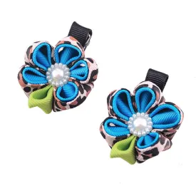 Kanzashi Flower Dual Color Double Petal Hair Clip Blue [Pair]