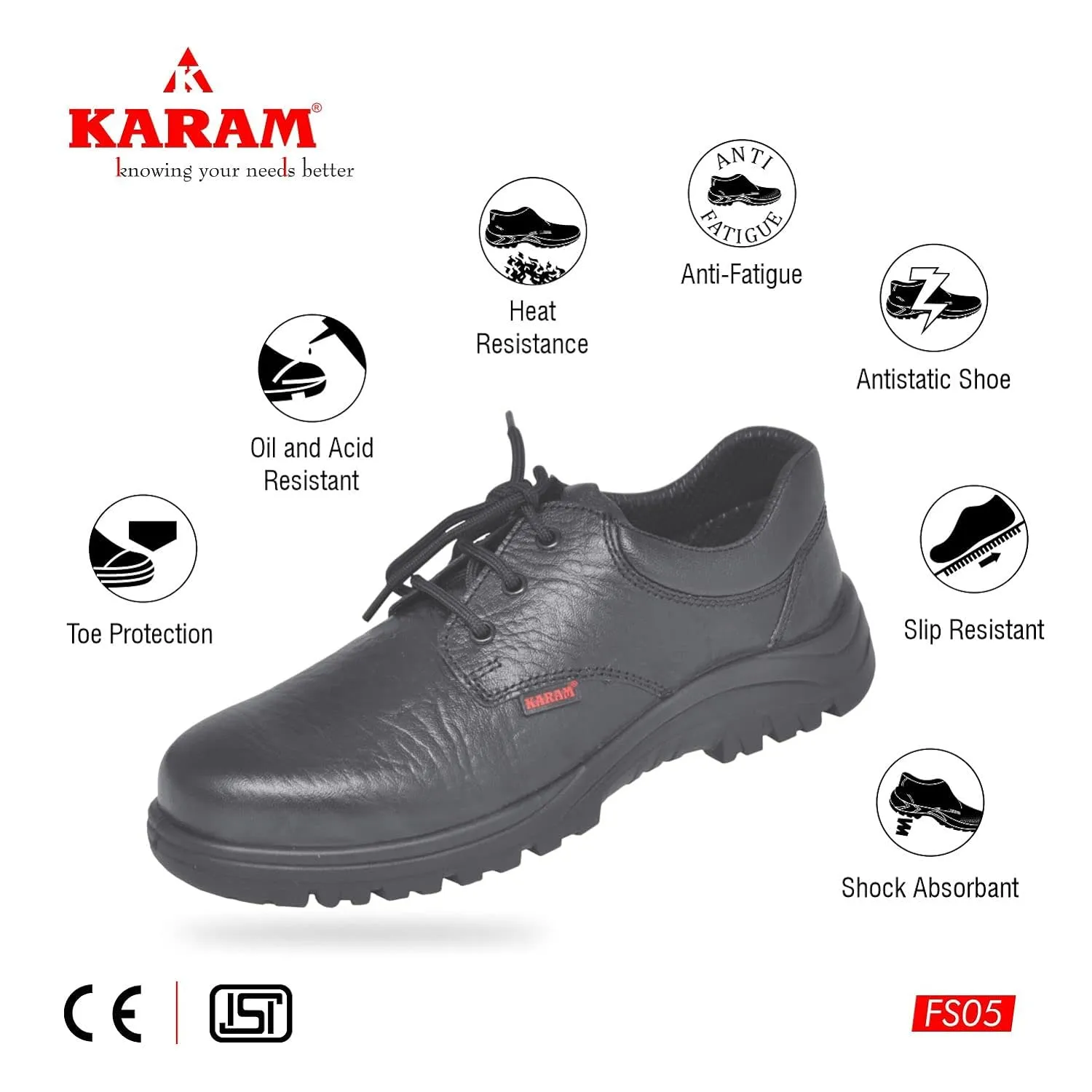 Karam FS05 Steel Toe Safety Shoes: Your Reliable Work Partner | Excellent Grip, Comfort and Slip Resistance | Safety Shoes with Steel Toe | Black | FS05BL