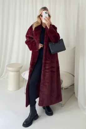 Kate burgundy longline faux fur coat