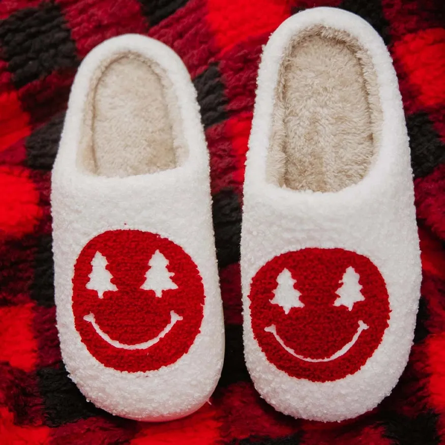 Katydid Red Christmas Tree Eyes Happy Face Slippers FINAL SALE