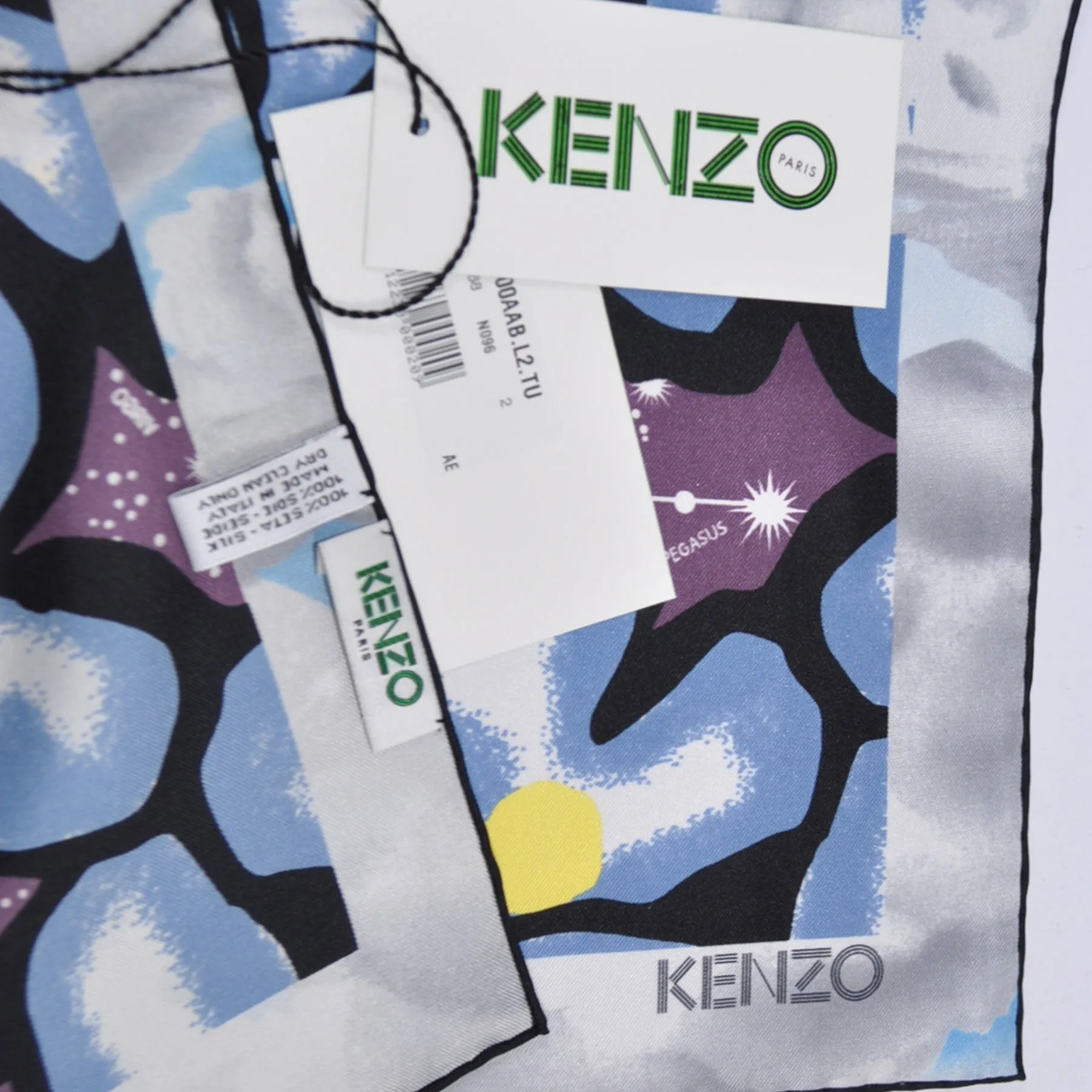 Kenzo Scarf Midnight Blue Floral Horoscope Print Silk Large Square Scarf SALE