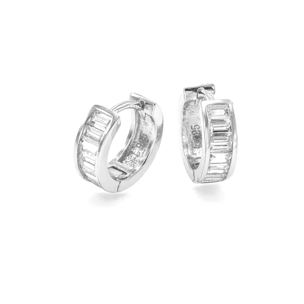 KESLEY Baguette Hoop Earrings  Diamond CZ  Chunky Small .925 Sterling Silver Huggie Hoops