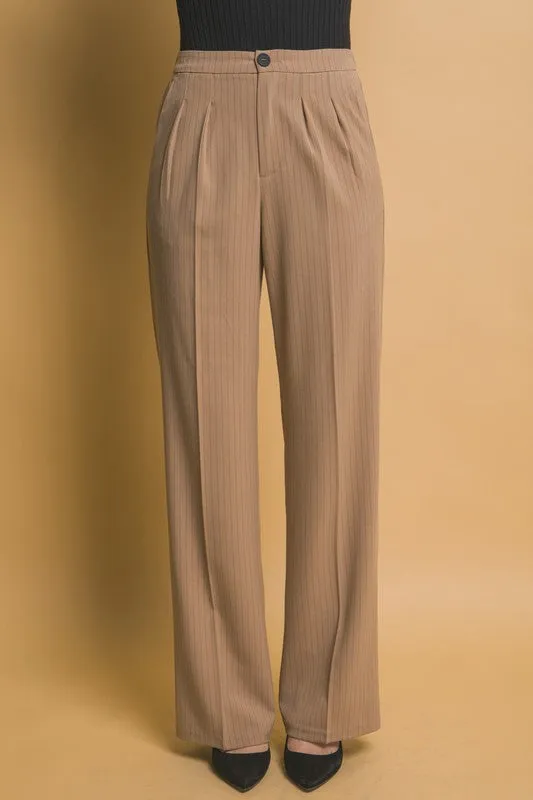 Khaki Formal Striped Straight-Leg Pants