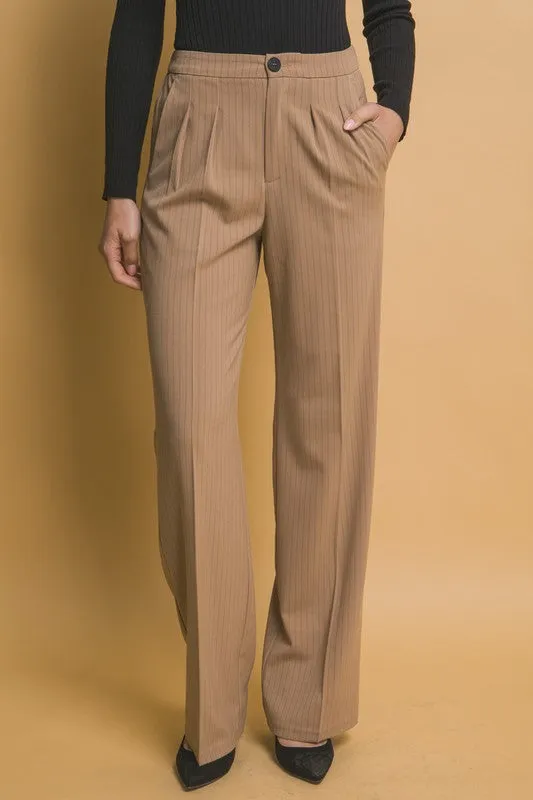 Khaki Formal Striped Straight-Leg Pants