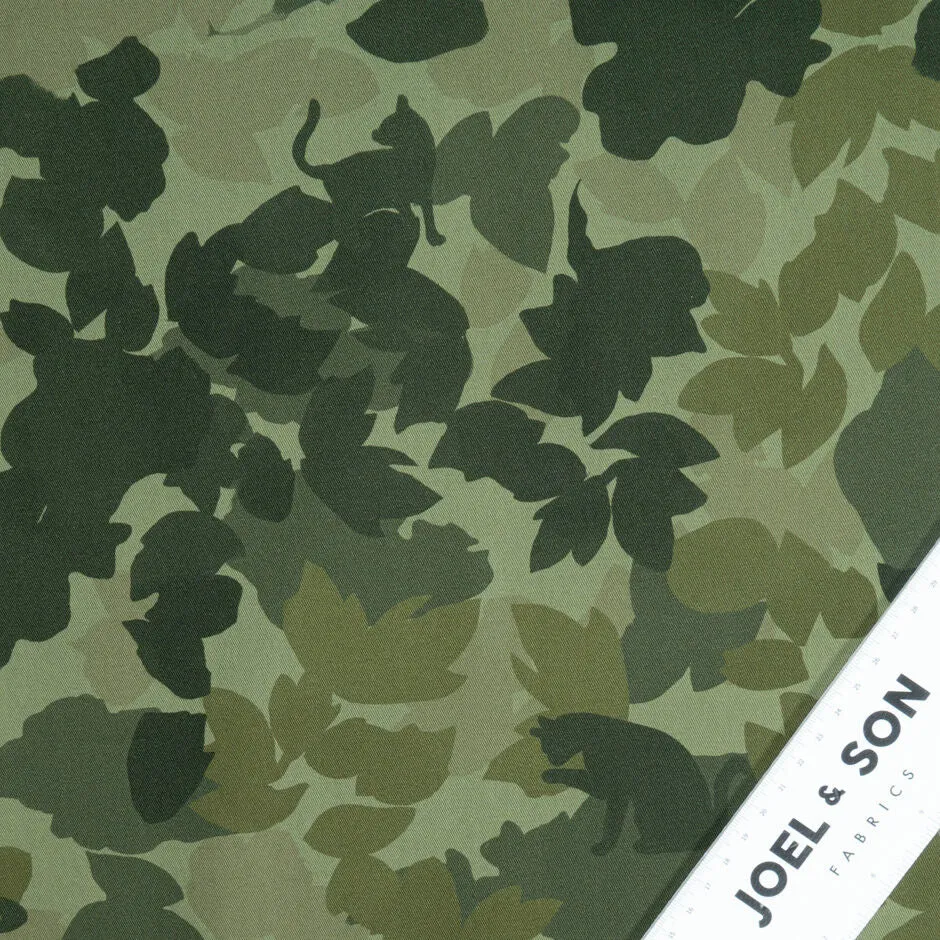 Khaki Leaf Camouflaged Printed Cotton Denim