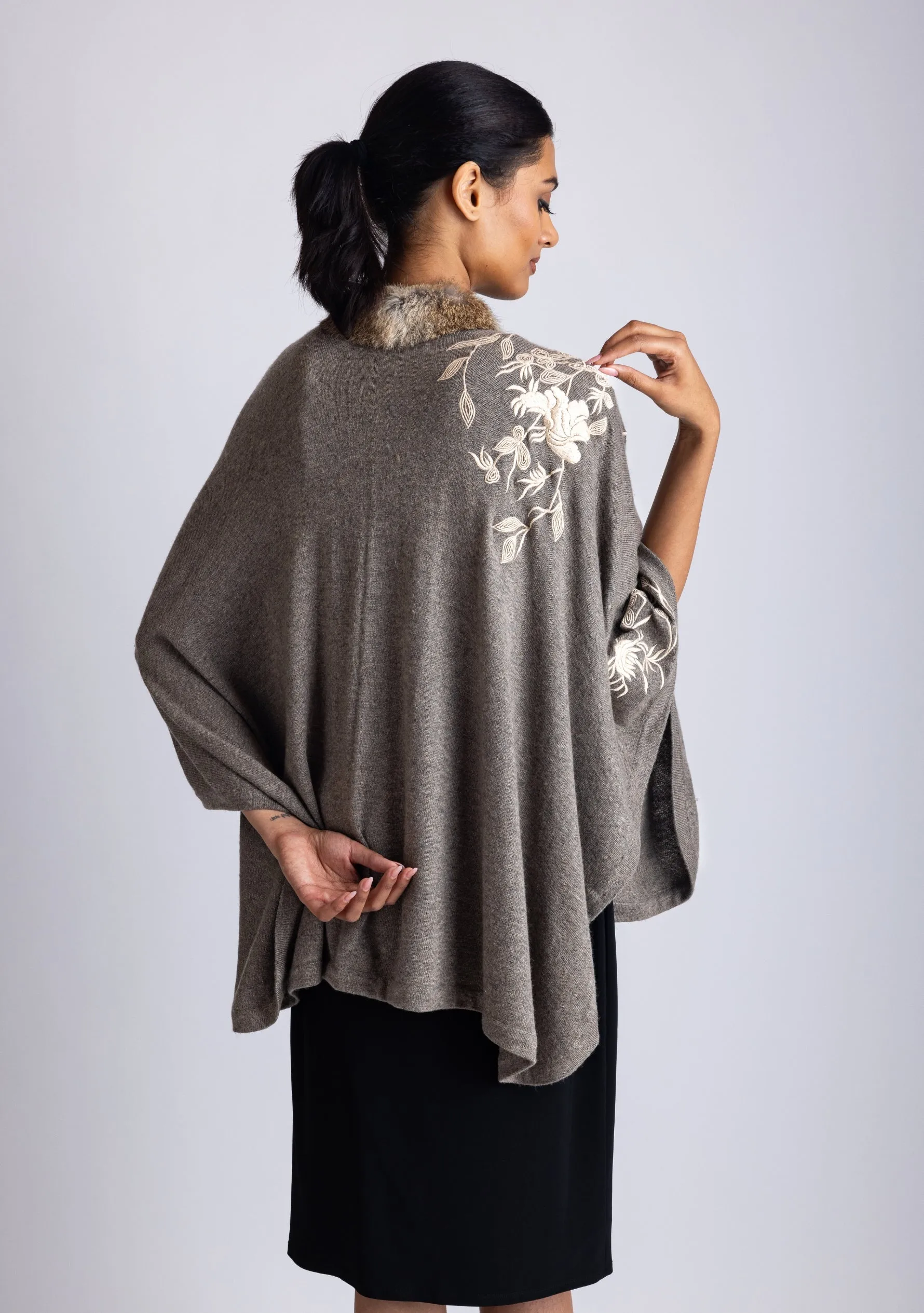 Khaki Melange Knitted Fine Wool Cape with Beige Flower Embroidery & a Natural Fur Collar