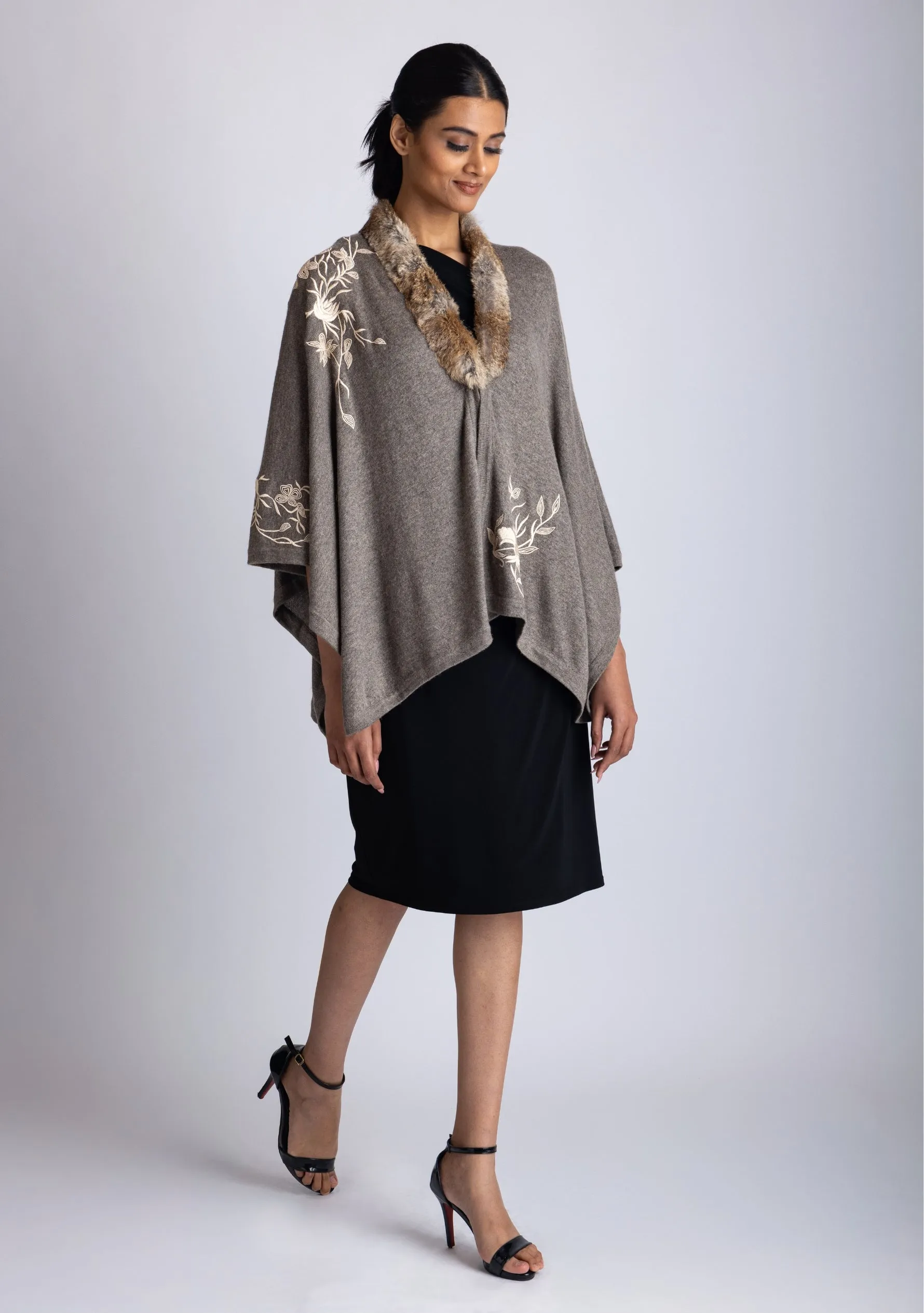 Khaki Melange Knitted Fine Wool Cape with Beige Flower Embroidery & a Natural Fur Collar