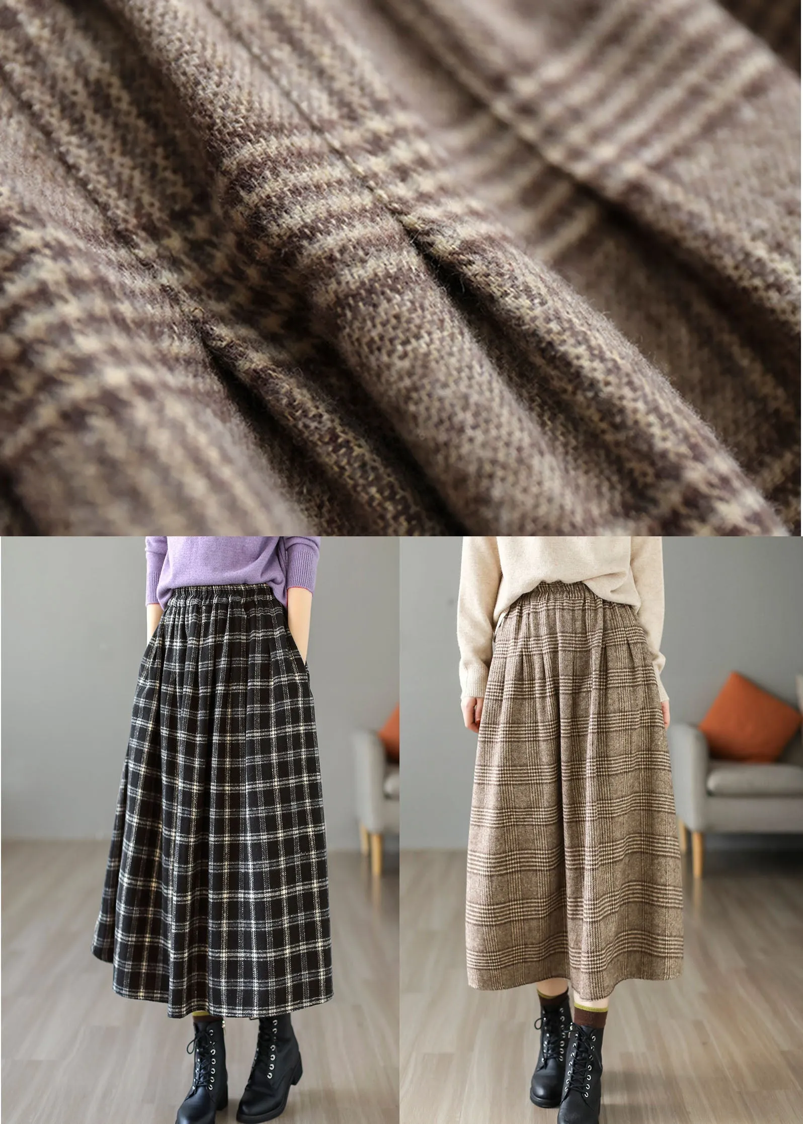 Khaki Plaid Cotton A Line Skirt Elastic Waist Thick Spring TG1062