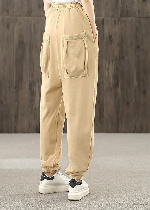 Khaki pockets decoration elastic waist casual pants loose harem pants