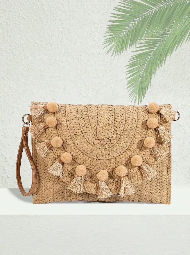 Khaki Pompom Straw Clutch Bag