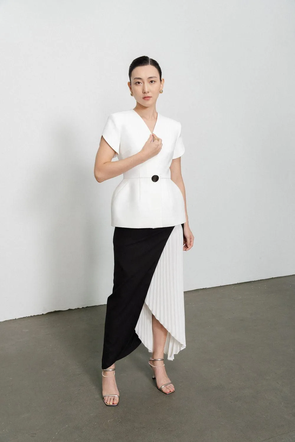 Khloe Asymmetric Side Pleated Wool Ankle Length Skirt