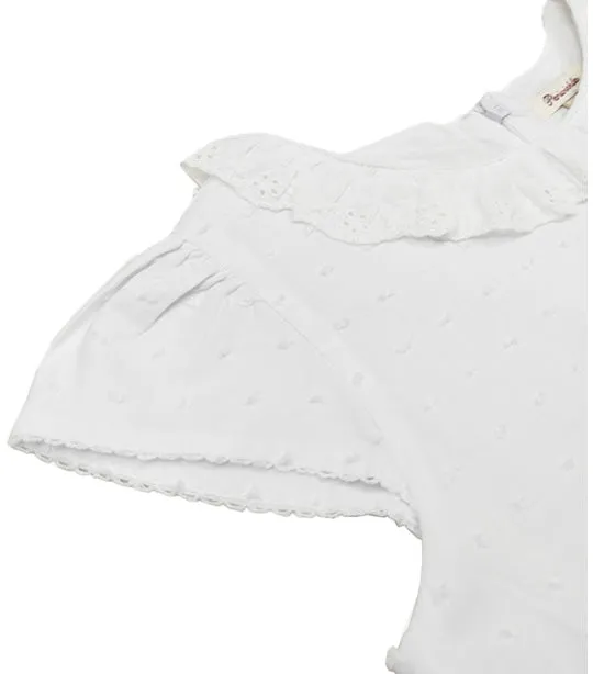 Kiara Girls White Dress with Ruffled Neck and Bow Belt tie Front