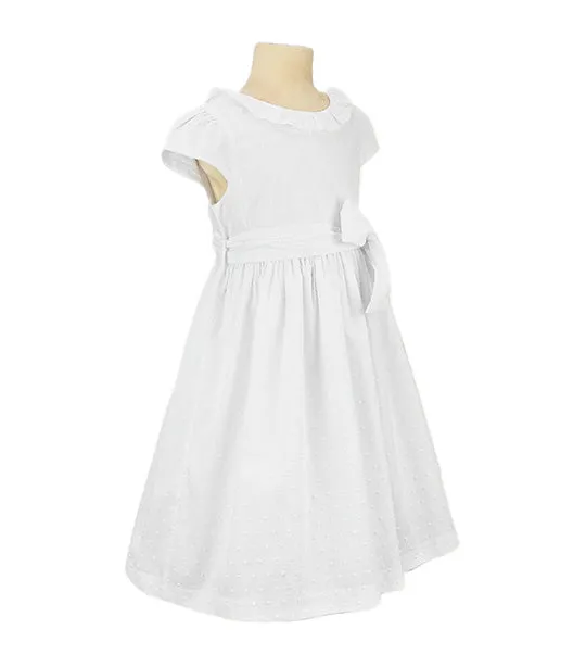 Kiara Girls White Dress with Ruffled Neck and Bow Belt tie Front