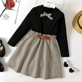 Kid Girl 2pcs Bowknot Design Mock Neck Long-sleeve Black Tee and Plaid Skirt Set Gress