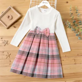 Kid Girl Bowknot Design Ribbed Plaid Splice Long-sleeve Dress - KGD8324