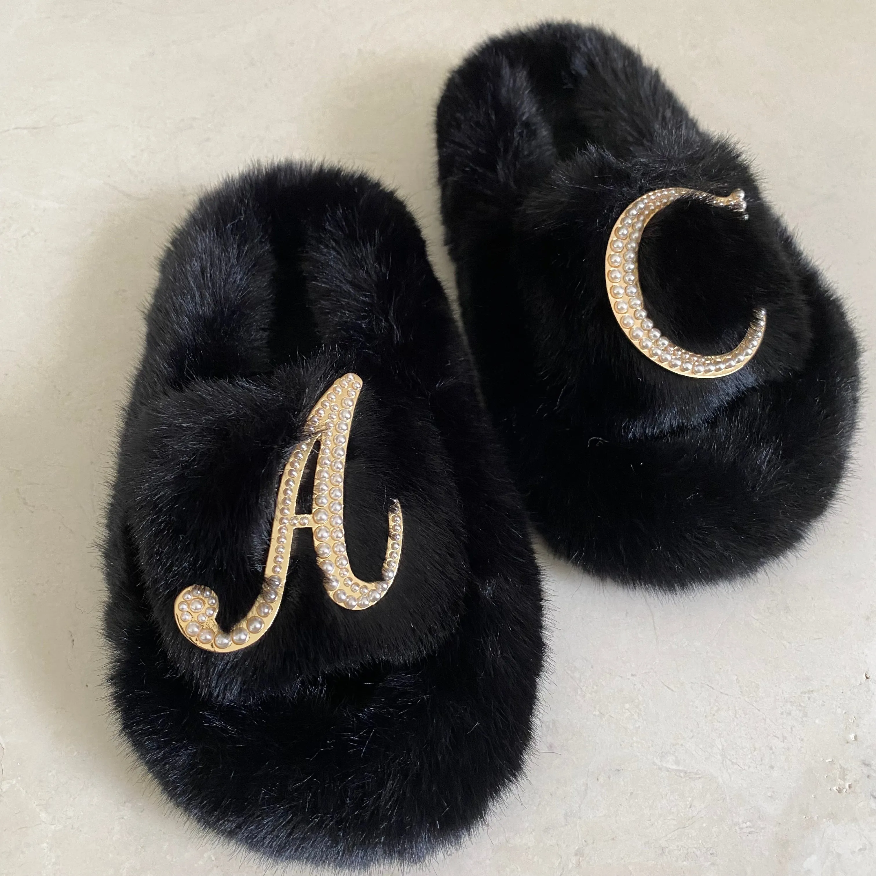 Kids Furry Slides Black