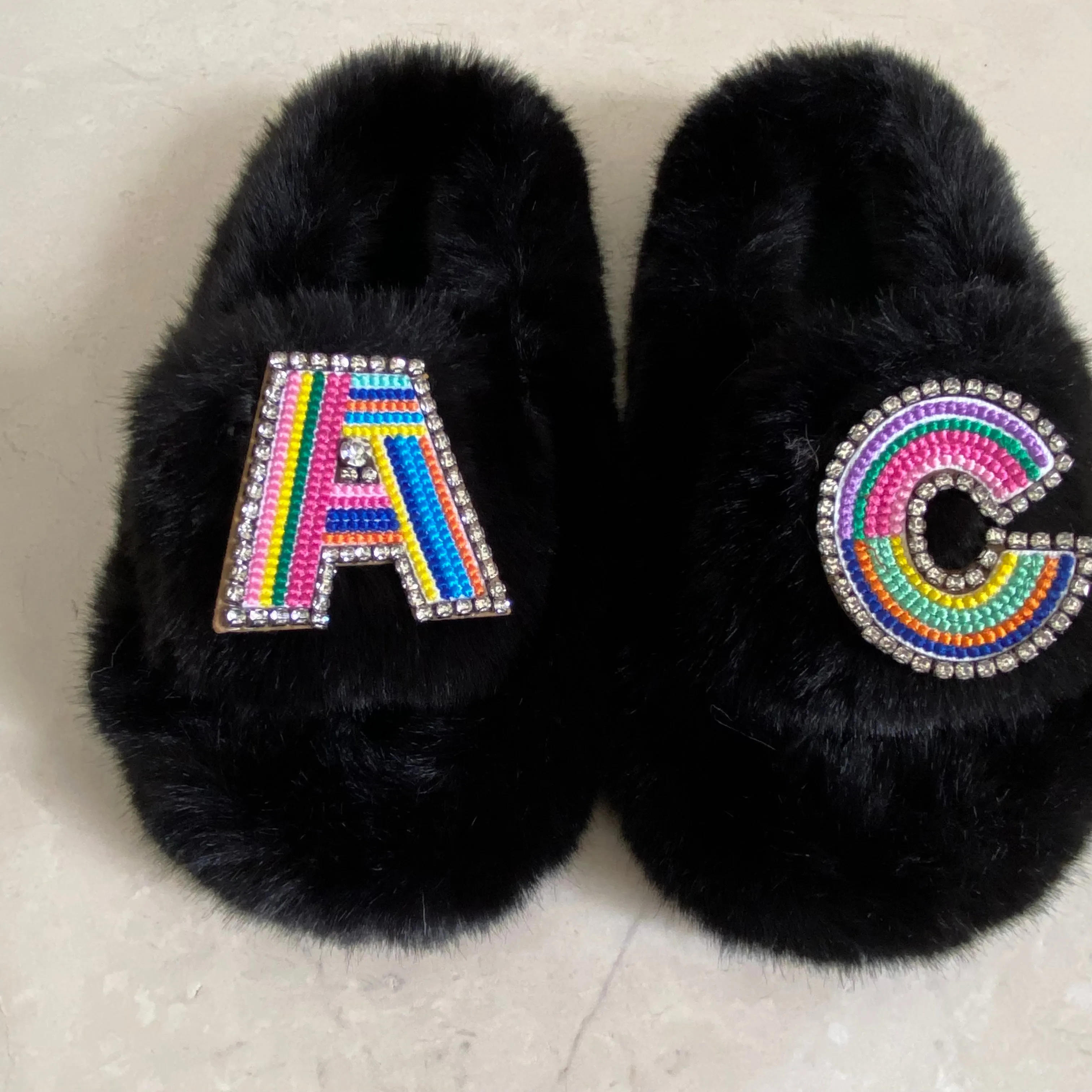 Kids Furry Slides Black