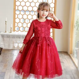 Kids Girls Red Dress Lace Prom Ball Gown Toddler Kids Clothing Wedding Evening Formal Dress - KGD8364