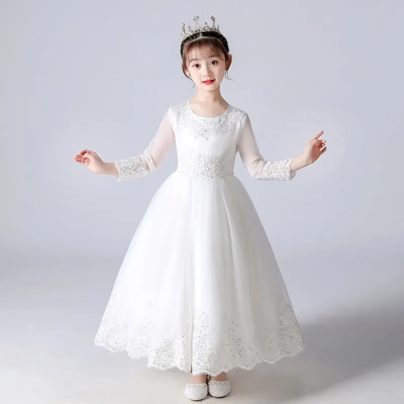 Kids Girls Wedding Party Frock Flower Gown Princess Evening Summer Mesh Sleeve Dress - KGD8371