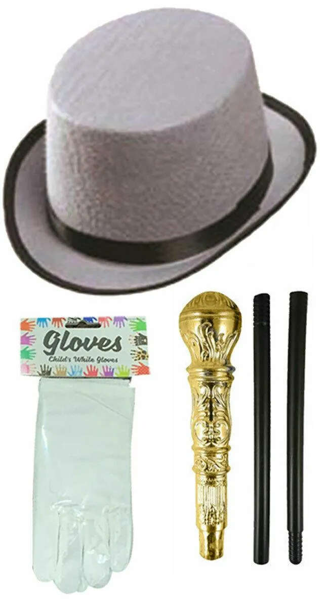 Kids Grey Top Hat with Gold Pimp Stick and Gloves - Victorian Style Fancy Dress Set