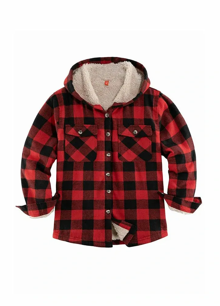 Kids Matching Family Buffalo Red Hooded Plaid Flannel Shirt Jacket