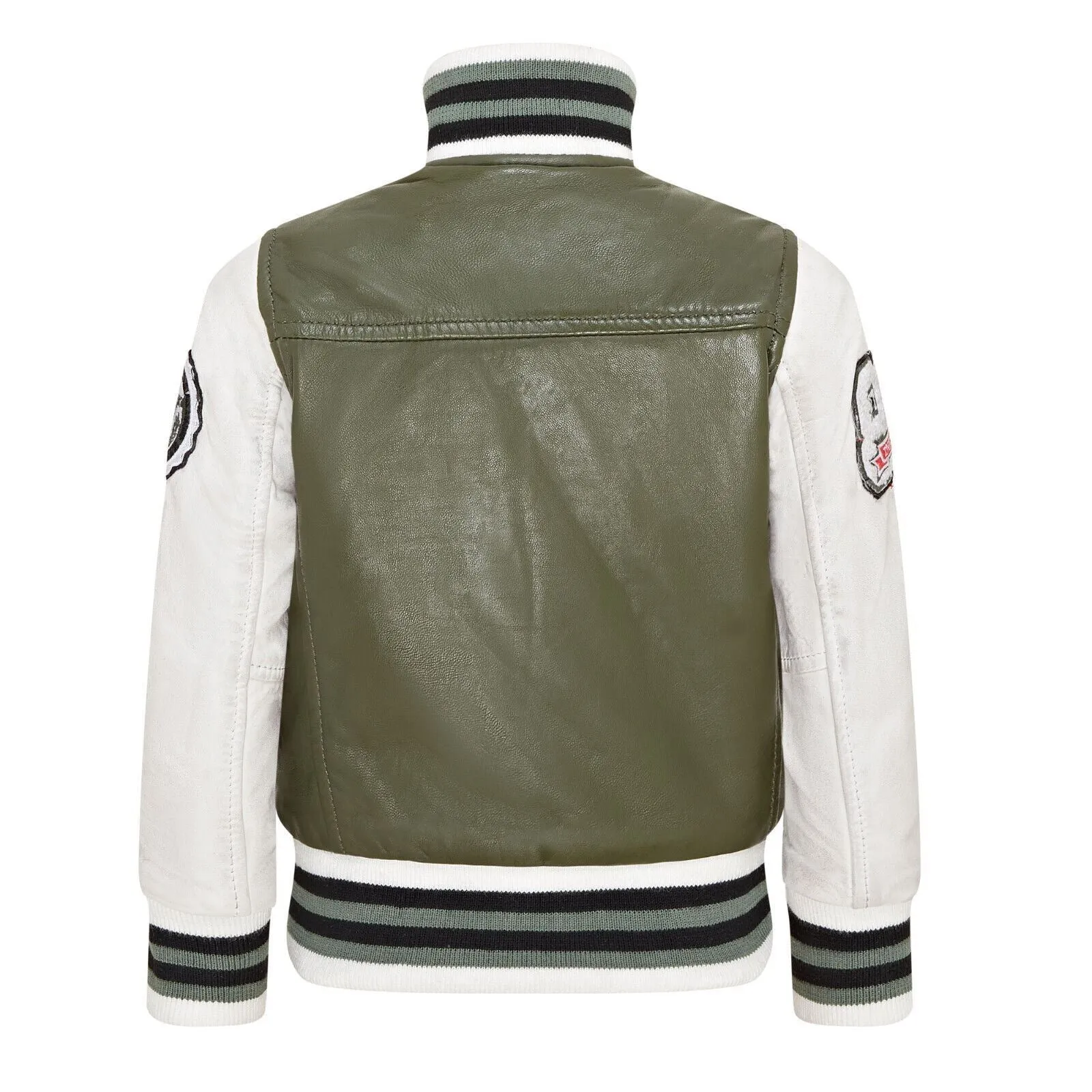 Kids Olive Green Genuine Leather Bomber Jacket Baseball Letterman Coat