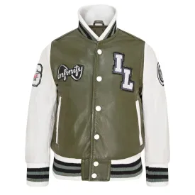 Kids Olive Green Genuine Leather Bomber Jacket Baseball Letterman Coat