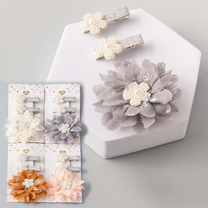 Kid's Pearl Chiffon Flower 3PC Hair Clip 2585 ( 12 units)