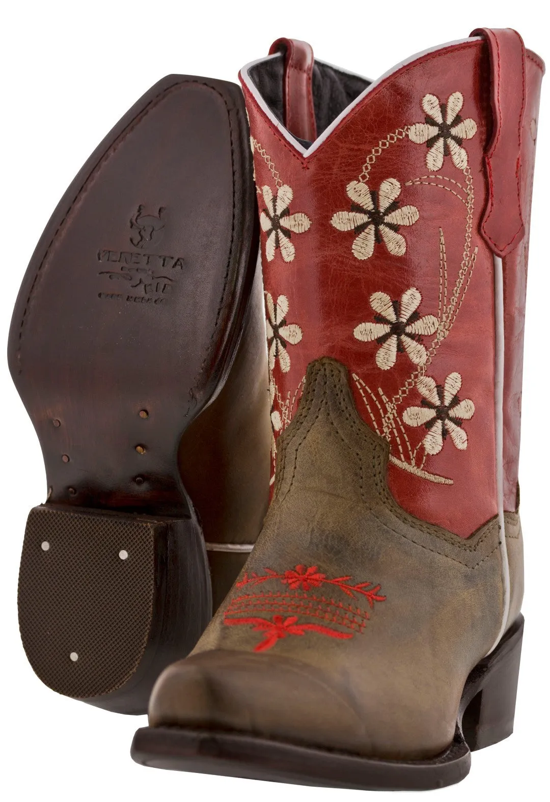 Kids Red & Brown Western Cowboy Boots Floral Leather - Snip Toe